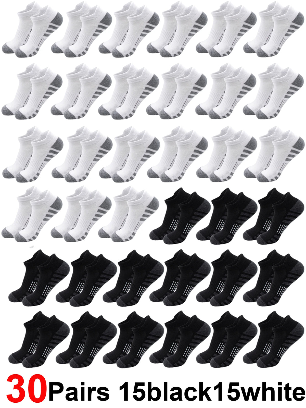 30 pairs of athletic running socks in black and white for men and women