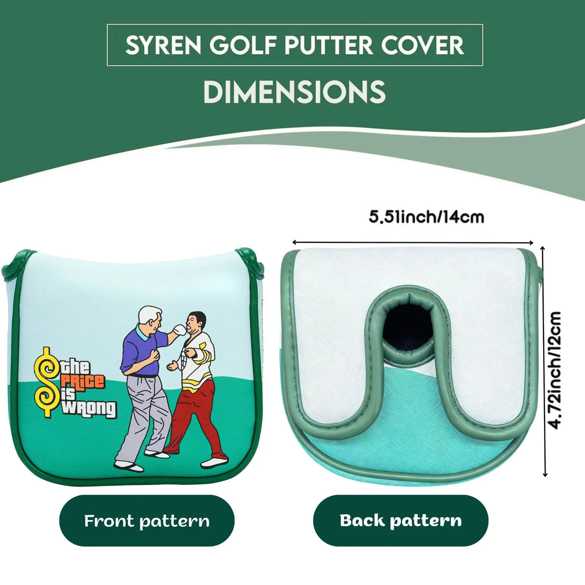 Dimensions and patterns of a siren golf putter cover showing front and back views