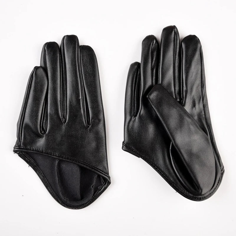 A pair of black PU leather finger gloves shown against a white background.