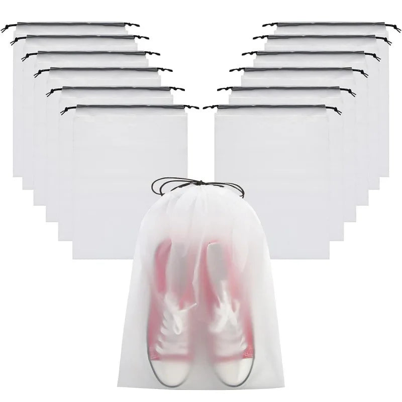 A set of five clear reusable drawstring storage bags, with a pair of pink shoes visible at the bottom.