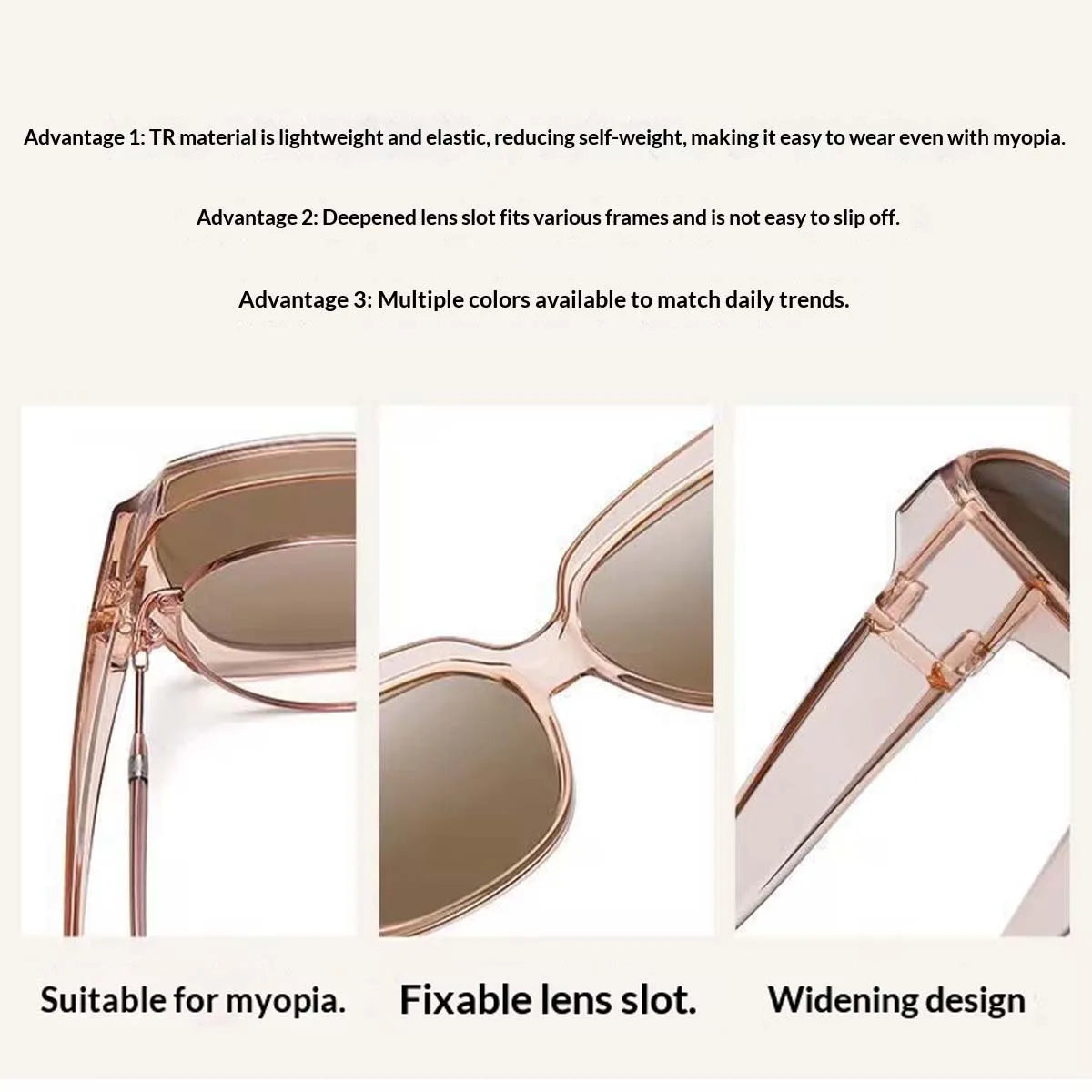 Close-up view of rose gold wrap-around sunglasses with a detachable lens slot and widening design.