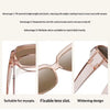 Close-up view of rose gold polarized sunglasses with a detachable lens slot and widening design.