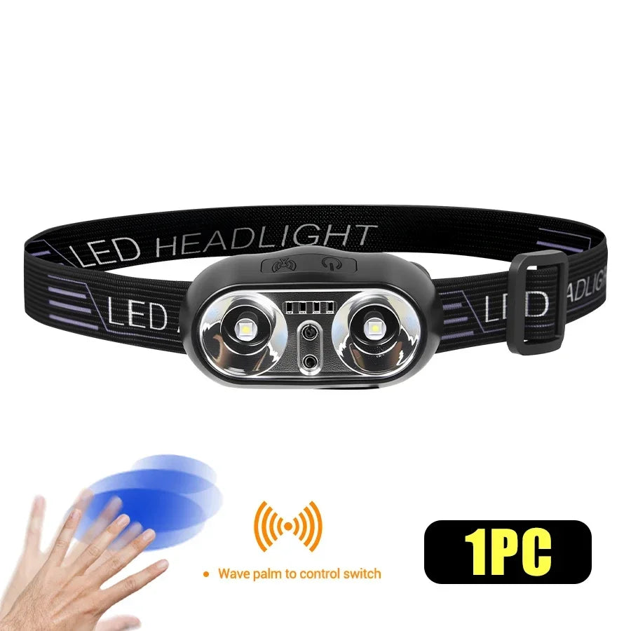 Black LED headlamp wristband with a front light module and sensor for control