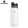 A white insulated stainless steel thermal water bottle with a black cap and a silver Rockbros logo.