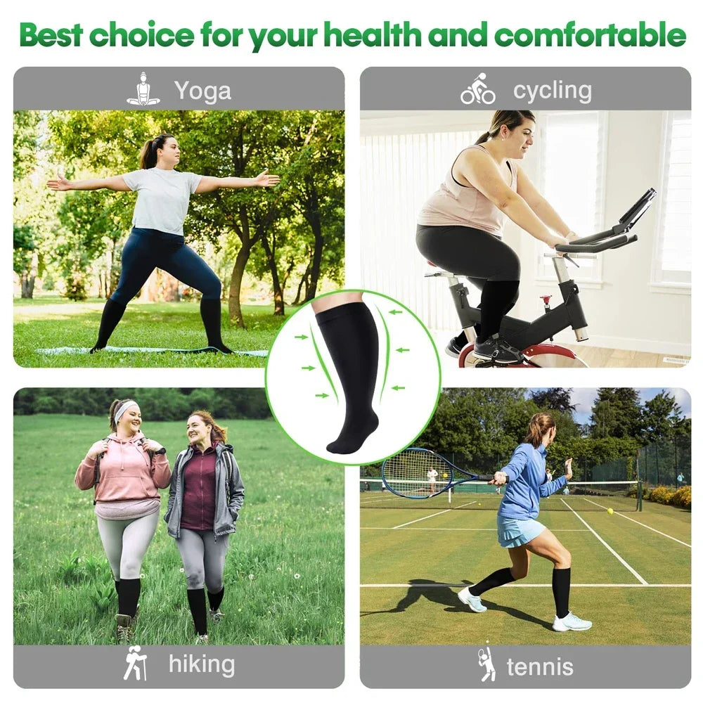 Compression socks shown in various activities like yoga, cycling, hiking, and tennis.