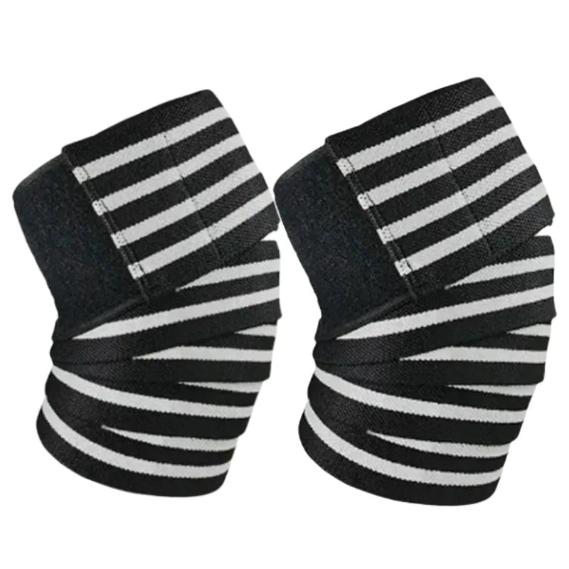Pair of black and white striped knee wraps for strength training
