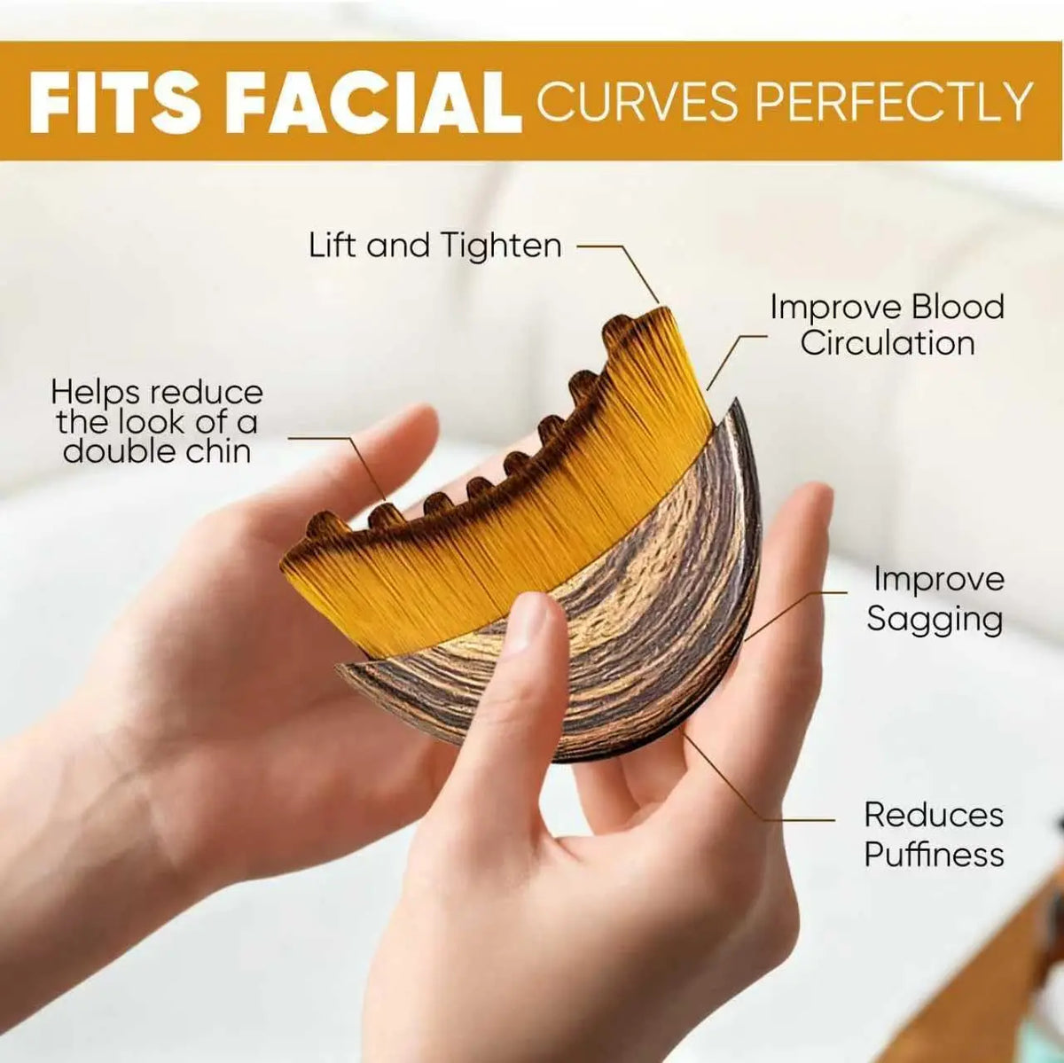 A hand holds a yellow facial brush designed to lift, tighten, and improve blood circulation on the face.