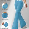 A woman wearing blue high-waisted yoga leggings with flare details, demonstrating the non-see-through and high-stretch fabric