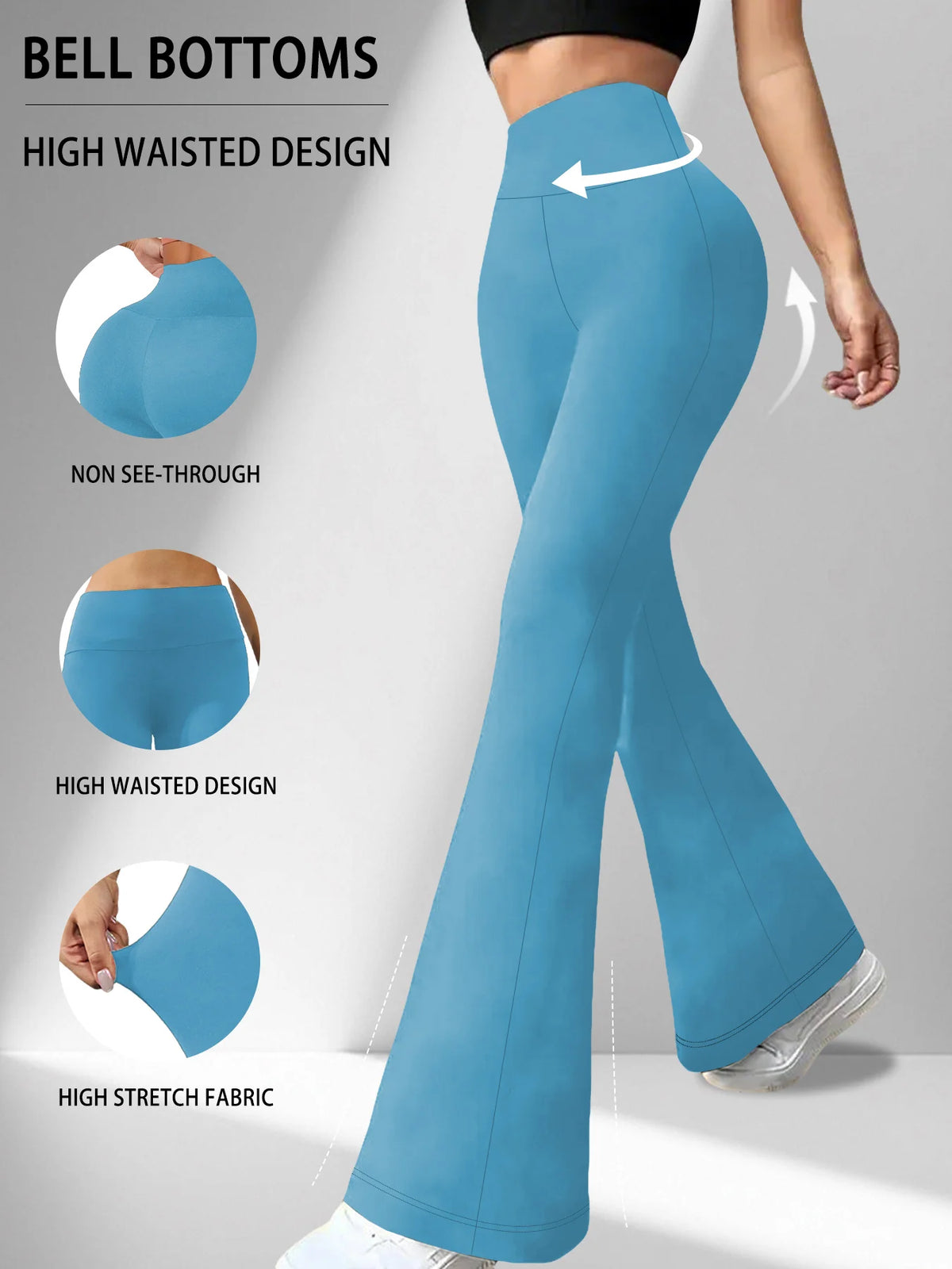 A woman wearing blue high-waisted yoga leggings with flare details, demonstrating the non-see-through and high-stretch fabric
