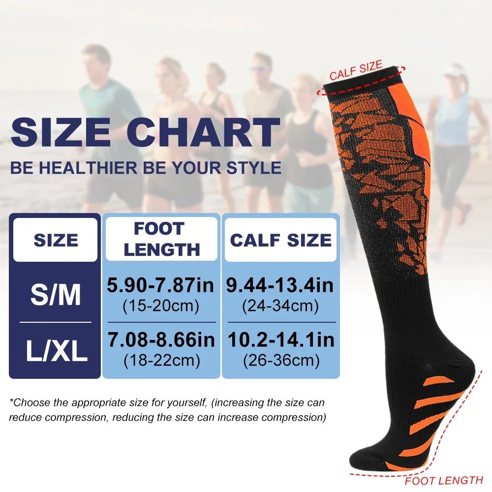 A pair of black and orange multi-use sport compression socks displayed next to a size chart.