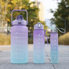 A light purple sports water bottle with a straw and various motivational text is shown on a gray surface.