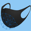 A black face mask with a mesh pattern and a blue wireframe structure overlaid on it.