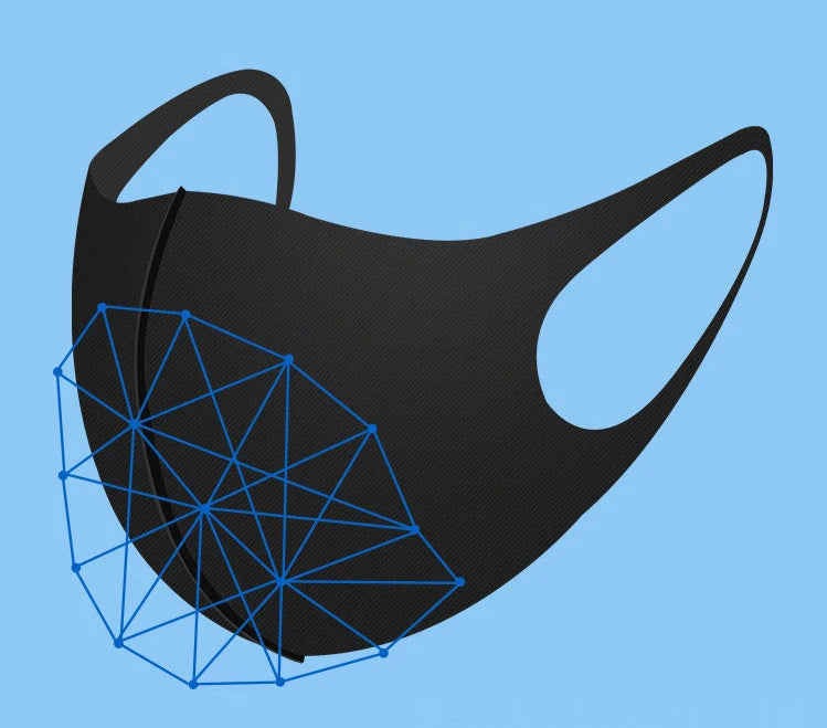 A black face mask with a mesh pattern and a blue wireframe structure overlaid on it.