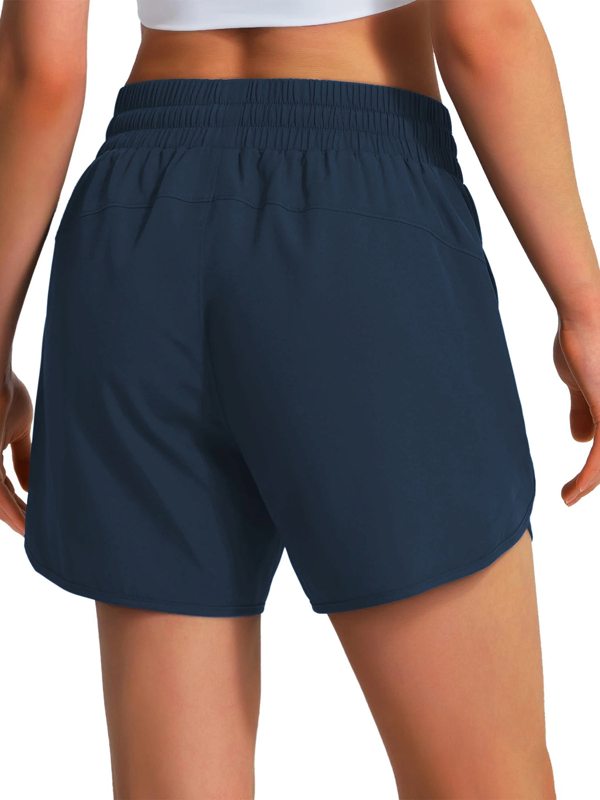 Navy women's quick-dry sports running shorts worn by a model.