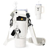 A white neoprene water bottle carrier bag with a shoulder strap and a matching insulated water bottle.