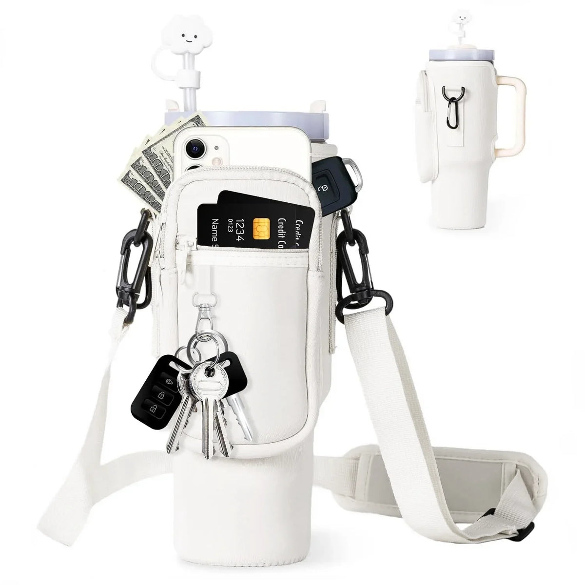 A white neoprene water bottle carrier bag with a shoulder strap and a matching insulated water bottle.
