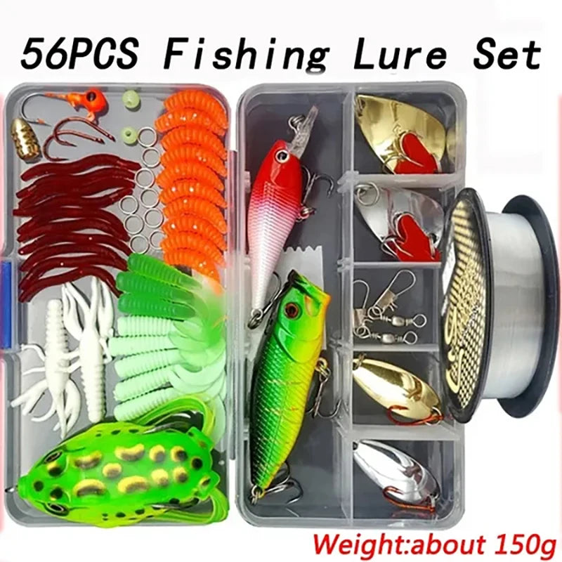 A set of 56 fishing lures including various colors and shapes packaged in an acrylic case.