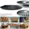A set of precision wood carving discs used for angle grinders, showing various carved wooden items and tools.