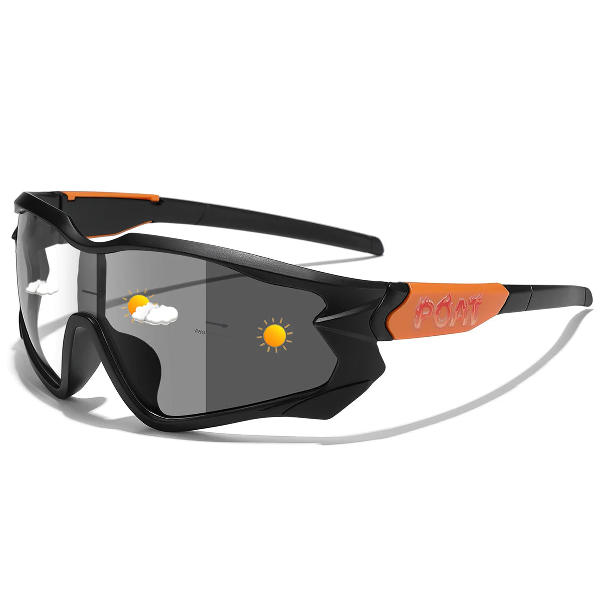 Black photochromic sports sunglasses with orange accents and a yellow sun graphic