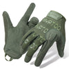 A pair of olive green tactical full finger combat gloves shown against a white background.