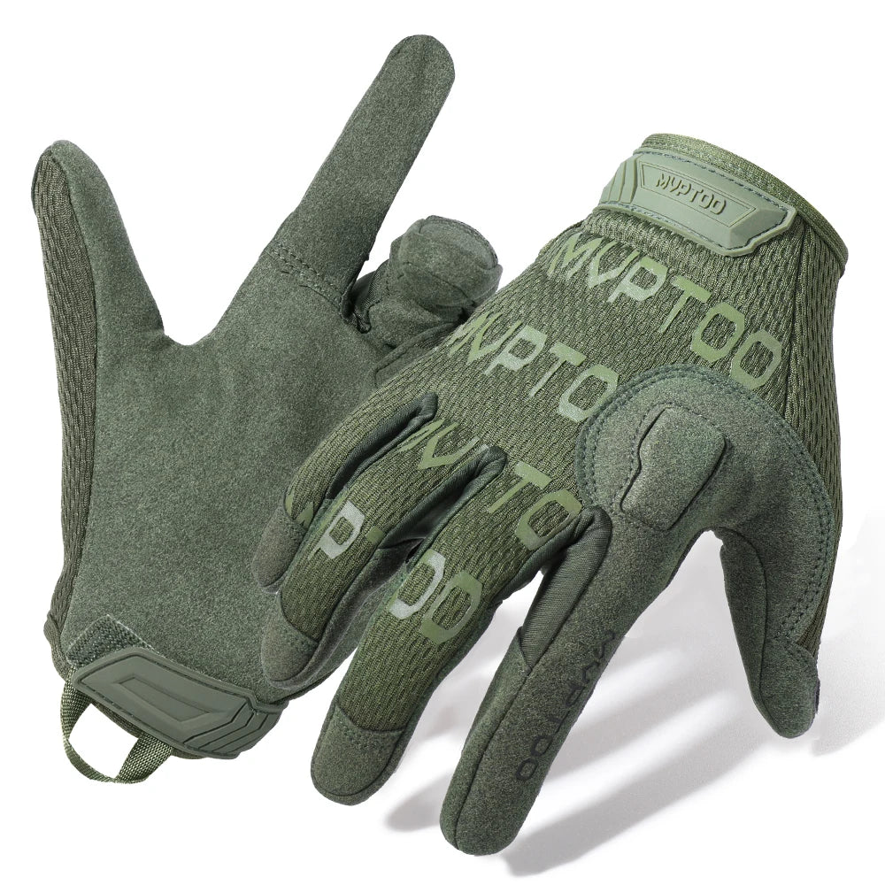 A pair of olive green tactical full finger combat gloves shown against a white background.
