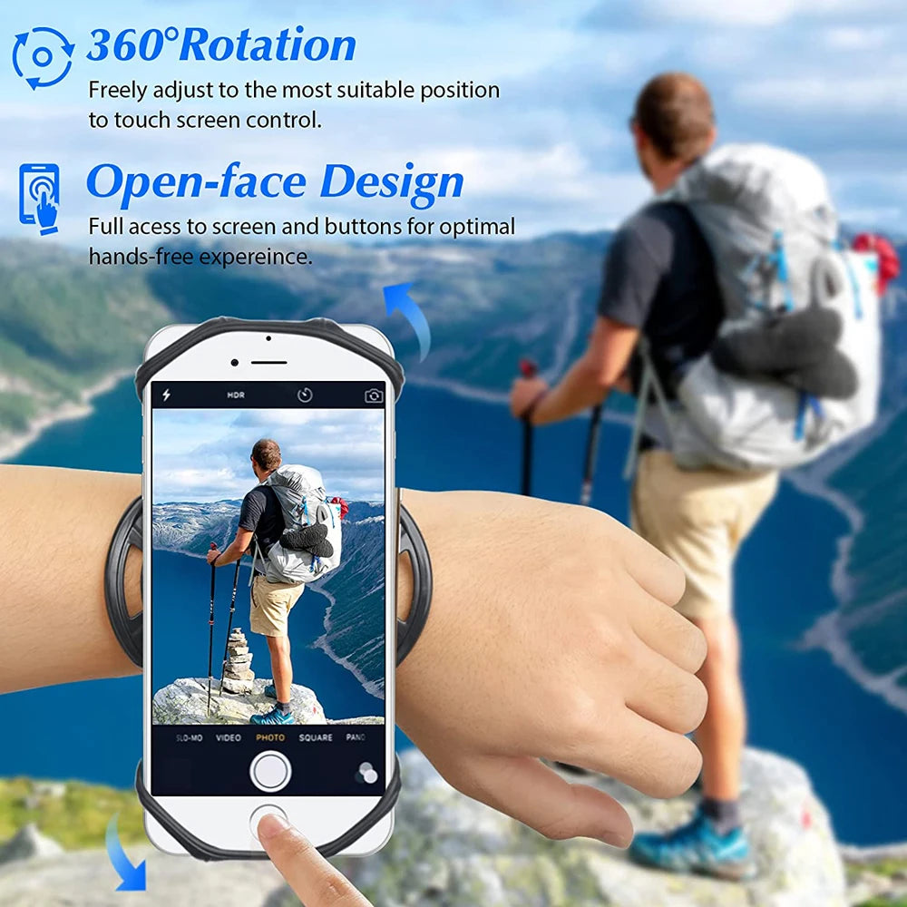A hand holds a smartphone with a strap, demonstrating a 360° rotating phone wrist strap for fitness.
