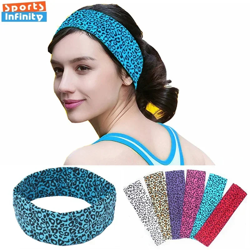 A woman wearing a blue leopard print sports headband, with various colored headbands displayed below.