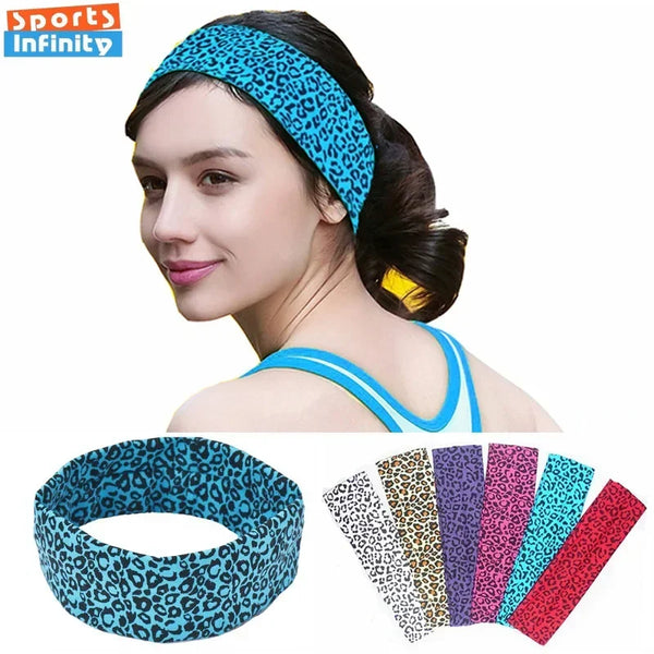 A woman wearing a blue leopard print sports headband, with various colored headbands displayed below.