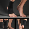 Black breathable ankle support brace worn on a foot and lower leg.