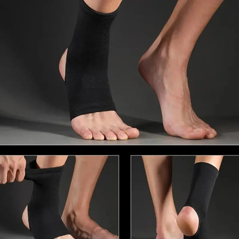 Black breathable ankle support brace worn on a foot and lower leg.