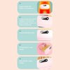 Diagram showing five features of a portable menstrual heating pad including heating area, temperature control, massage level,