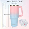 Termo de acero inoxidable de 40oz rosa y azul para viaje con tapa de pajita y pajita adjunta.