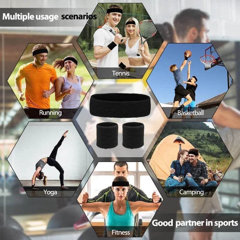 A collage showing various usage scenarios for an athletic sweatband or headband set, including tennis, running, yoga, basketb