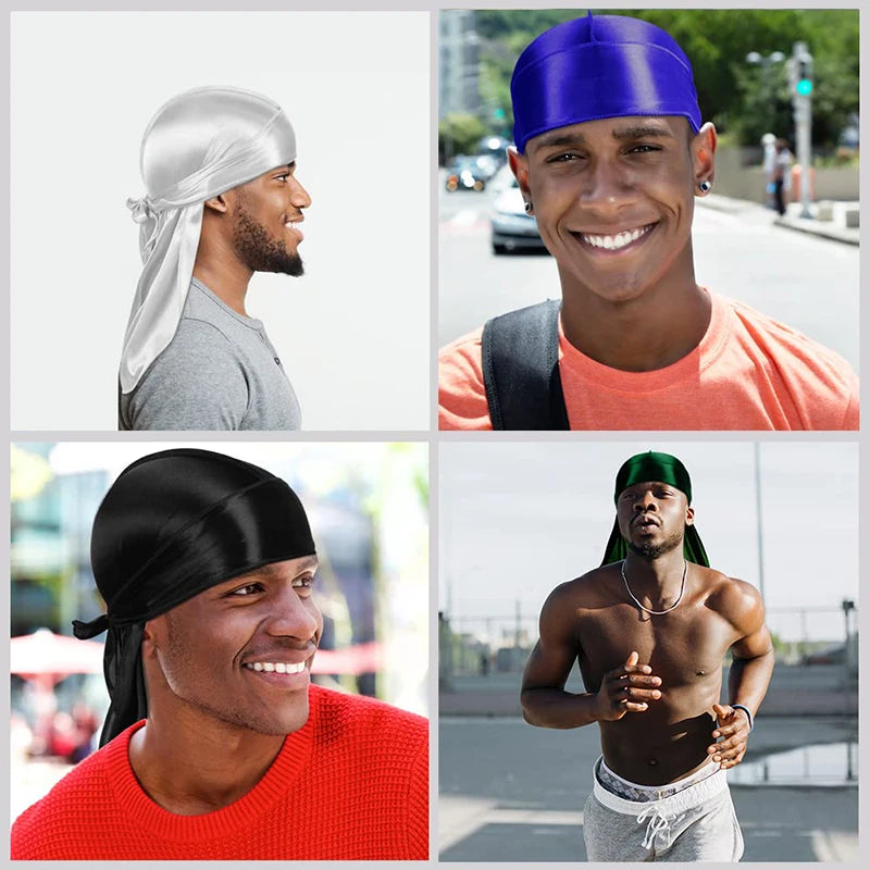 Three men wearing different colored silky durag pirate headbands and orange shirts.