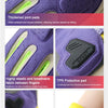 Close-up of purple motorcycle riding gloves showing thickened joint pads, fabric between fingers, and a hook and loop adjustm