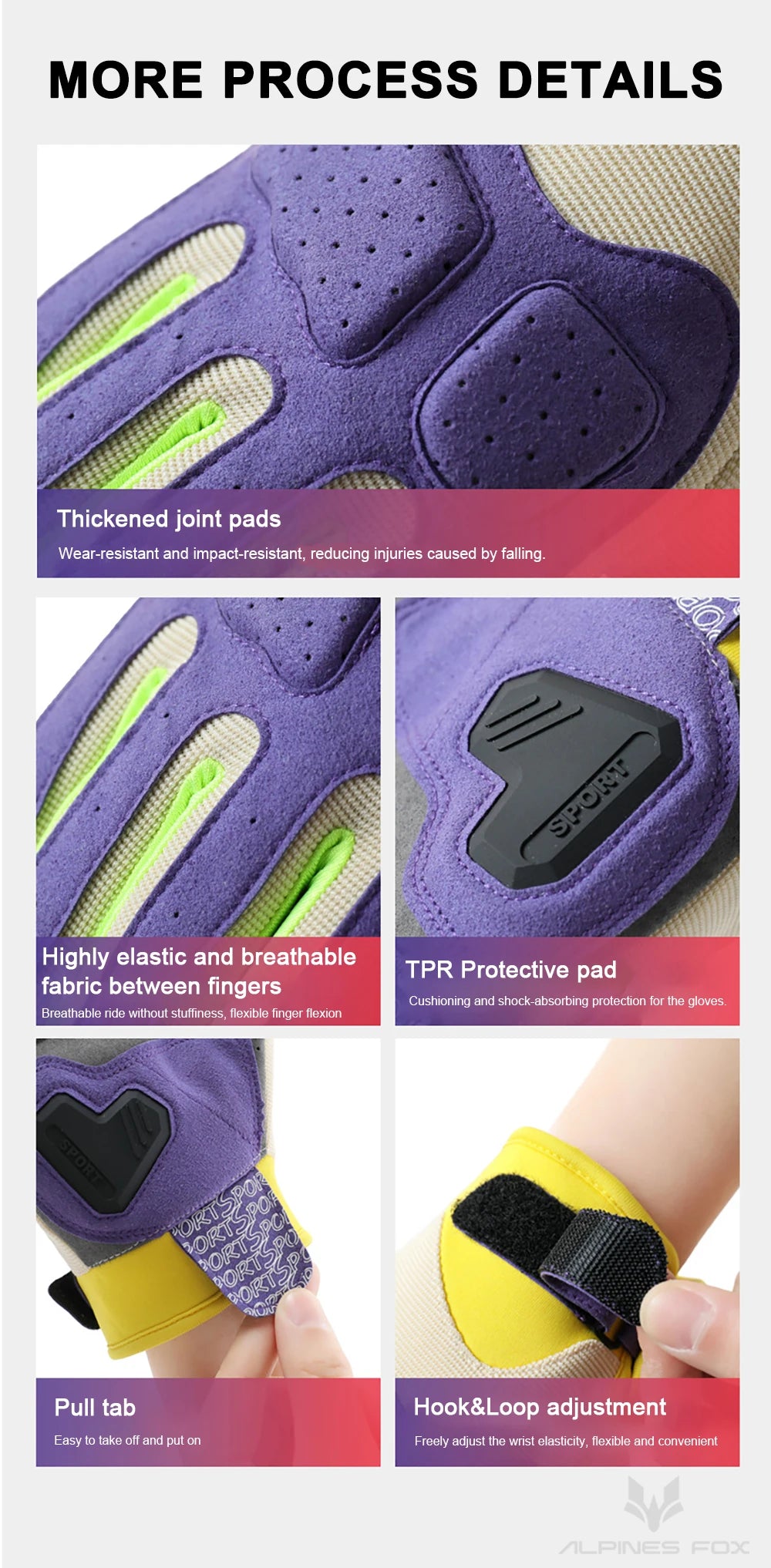 Close-up of purple motorcycle riding gloves showing thickened joint pads, fabric between fingers, and a hook and loop adjustm