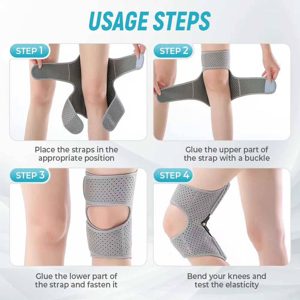 Four steps showing how to use a joint support knee pad for pain relief