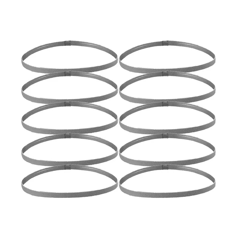 A set of five gray multi-functional elastic sports headbands laid out in a row.