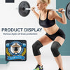 A woman lifts weights with a barbell, demonstrating knee protection sleeves for strength training.