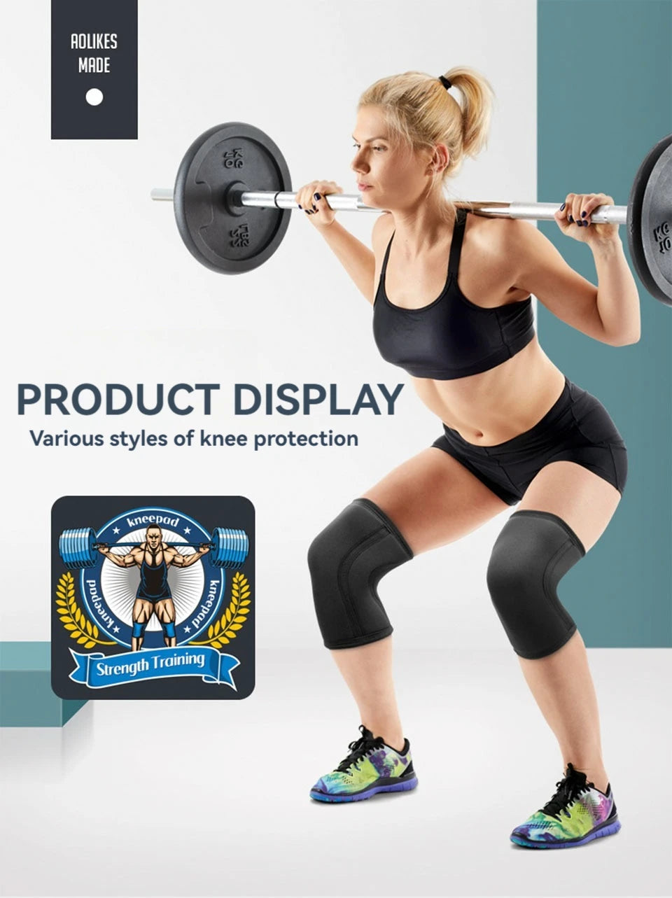 A woman lifts weights with a barbell, demonstrating knee protection sleeves for strength training.