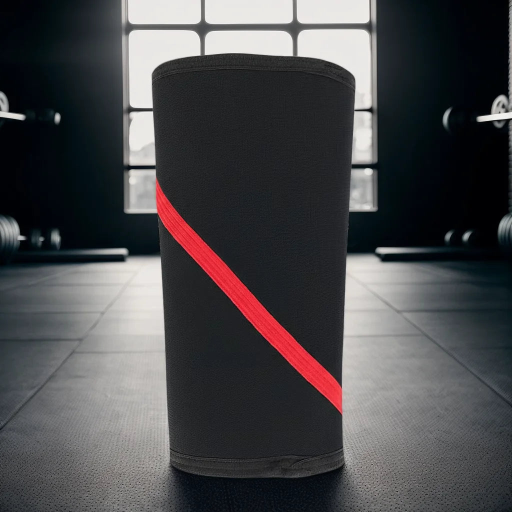 Manche de genou noir avec une bande diagonale rouge, debout dans un gymnase.