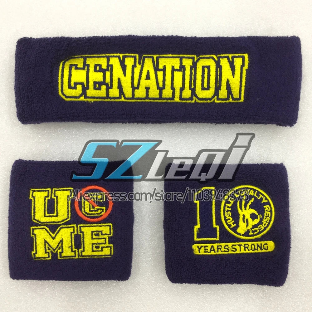 Two dark blue embroidered cotton sports wristbands featuring yellow text and a graphic.