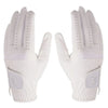 A pair of white microfiber men's golf gloves shown from the palm side.