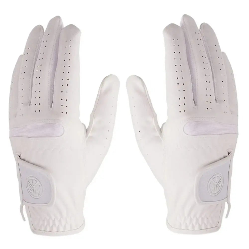 A pair of white microfiber men's golf gloves shown from the palm side.