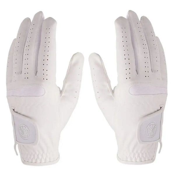 Ein Paar weiße Mikrofasermänner-Golfhandschuhe von der Handseite aus.