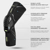 Black performance knee compression sleeve featuring double layer silicone, hyperelastic pressure, and EVA collision technolog