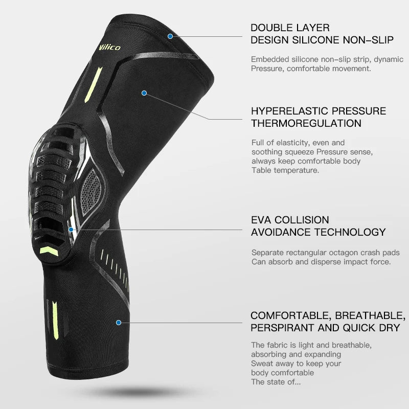 Black performance knee compression sleeve featuring double layer silicone, hyperelastic pressure, and EVA collision technolog