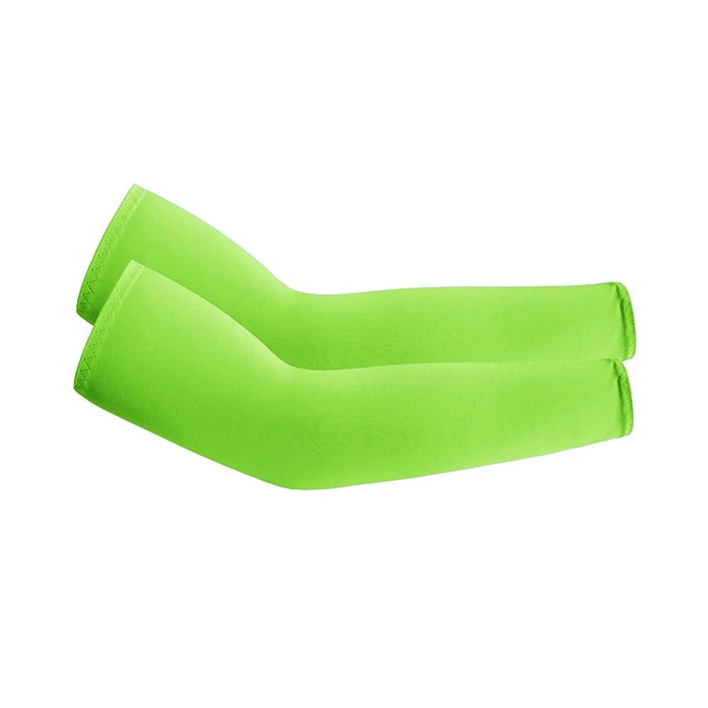 A pair of bright lime green cooling arm sleeves for UV protection.