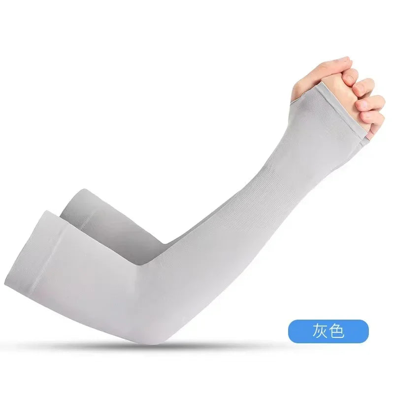 A hand wearing a light gray UV protection arm sleeve, demonstrating the fit and design.