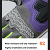 Purple and gray breathable motorcycle riding gloves featuring palm anti slip silicone and microfiber leather.
